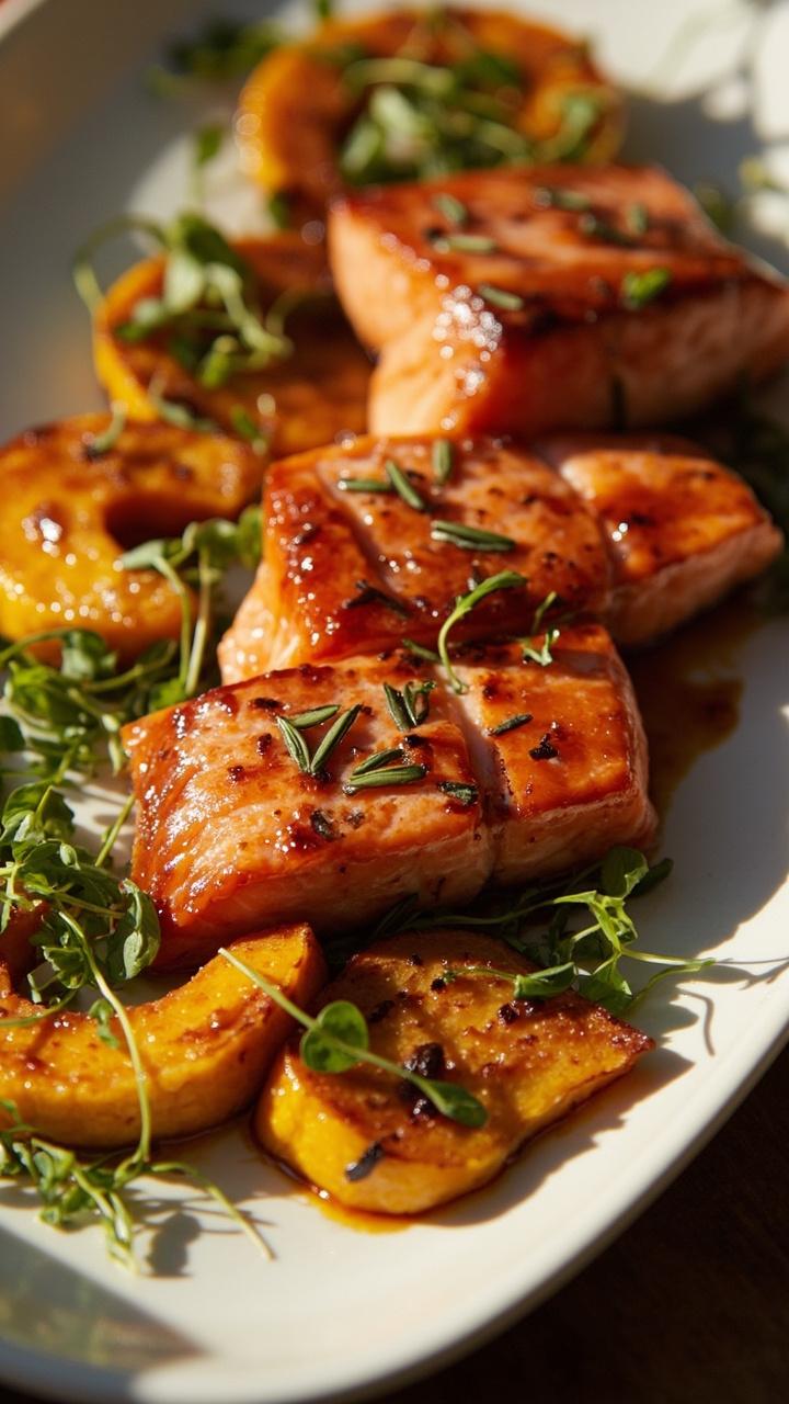 Salmon fillets with a deep amber glaze, flecked with bits of rosemary, served on a white ceramic platter with roasted butternut squash and a scatter of microgreens.