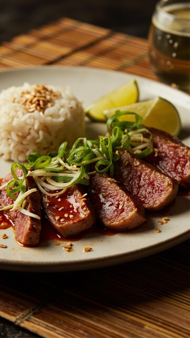 Four seared tuna steaks sliced and brushed with a glossy soy lime sauce garnished with thinly sliced scallions and sesame seeds, a small mound of steamed white rice and a lime wedge, a bamboo placemat under the dish