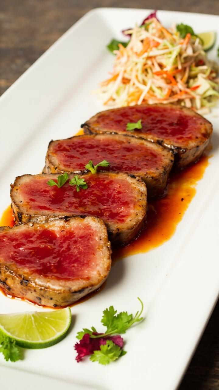 Four seared tuna steaks glazed with a shiny sriracha lime sauce sliced and stacked slightly on a long plate, a small pile of crunchy cabbage slaw on the side, lime wedges and cilantro leaves for garnish