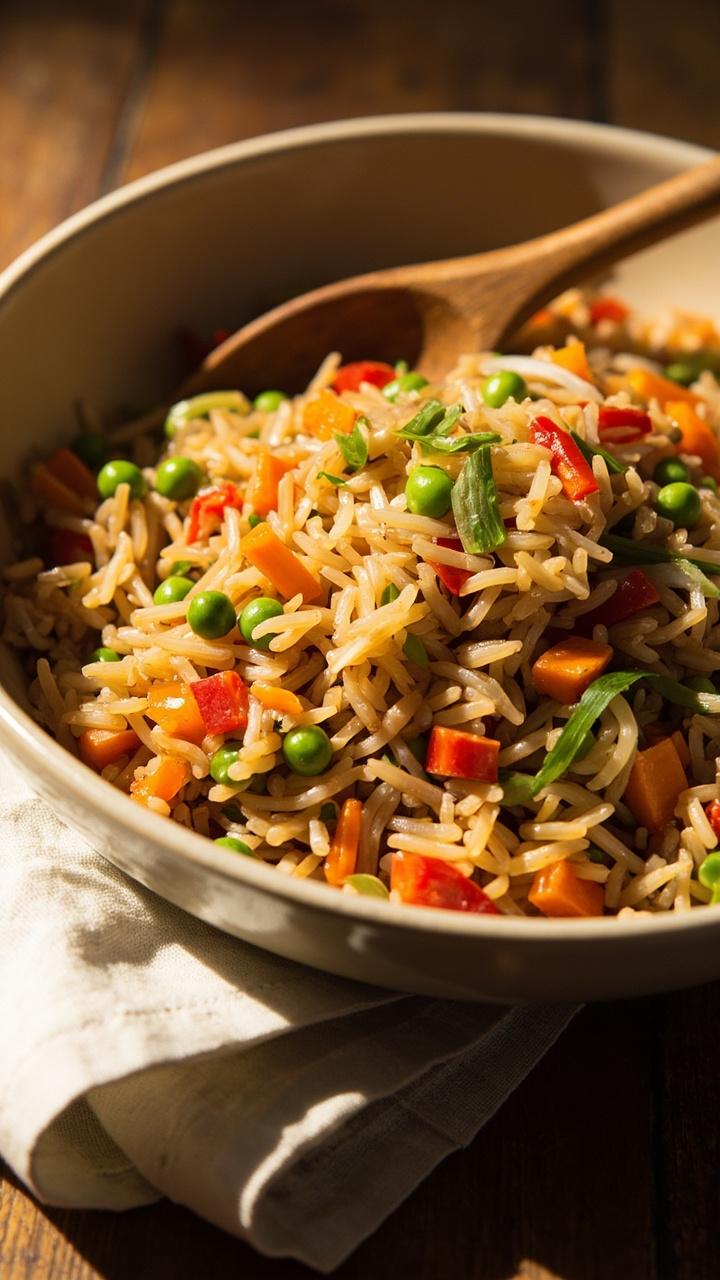 A shallow pan of colorful fried rice with bright orange carrot cubes, green peas, red bell pepper strips, and flecks of scallion, presented in a wide ceramic bowl with a wooden serving spoon resting on a linen napkin.