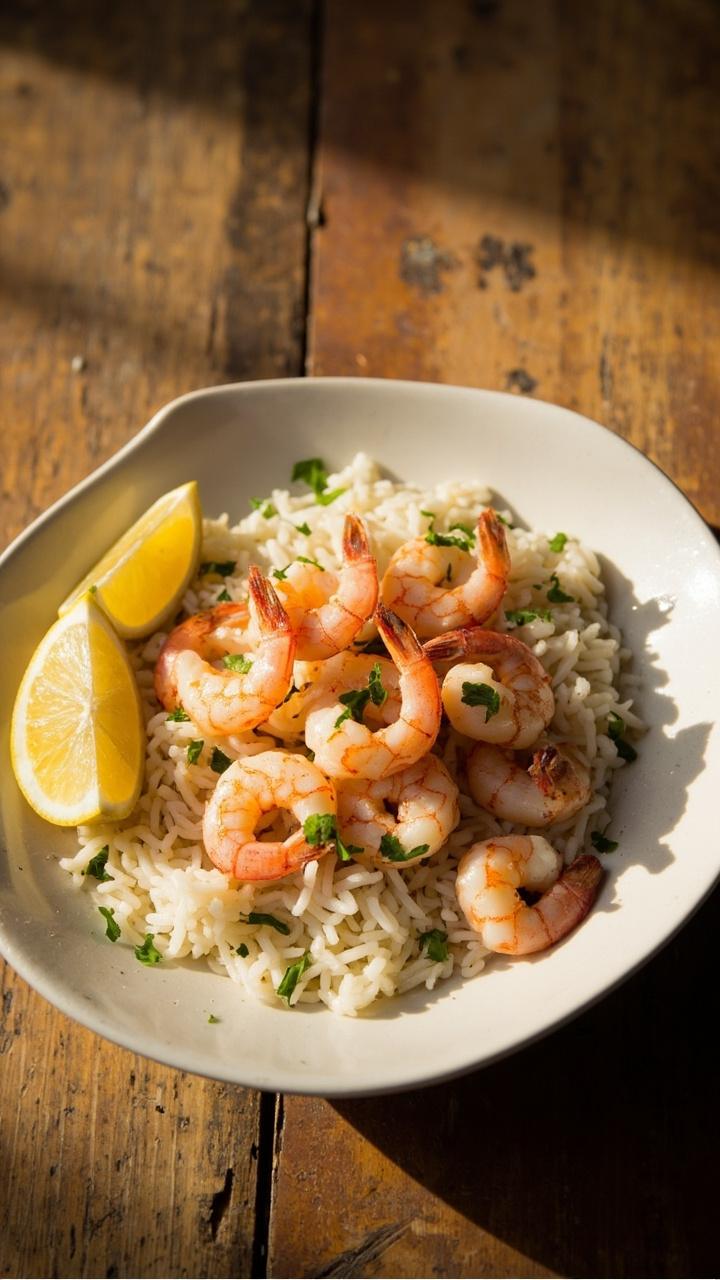 A shallow white bowl with a mound of buttery rice topped with pink seared shrimp curled around the edges, garnished with chopped parsley and lemon wedges on a weathered wood table.