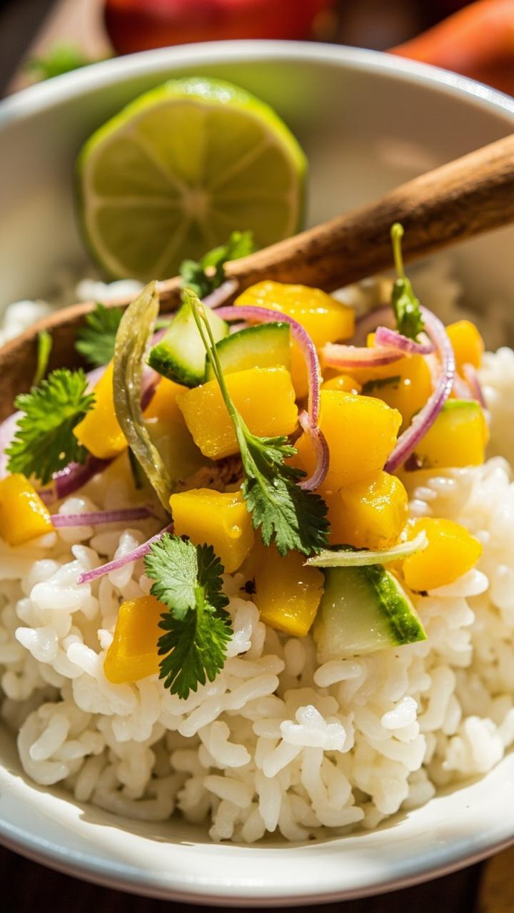 A bowl of glossy white coconut rice topped with a colorful mango salsa of diced mango cucumber red onion and cilantro, lime wedges on the side and a wooden spoon tucked into the bowl.