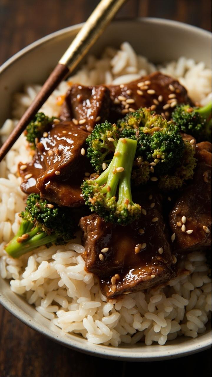 A shallow bowl of fluffy jasmine rice topped with slices of caramelized beef and bright green broccoli florets coated in a glossy brown sauce, sesame seeds sprinkled over the top and a pair of chopsticks across the bowl.