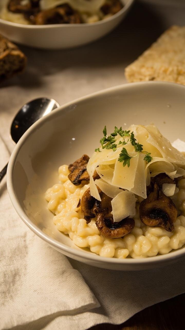 A shallow white bowl of creamy ivory risotto studded with caramelized brown mushroom slices and topped with shaved parmesan and a sprinkle of chopped parsley, a small spoon resting beside the bowl on a linen napkin.