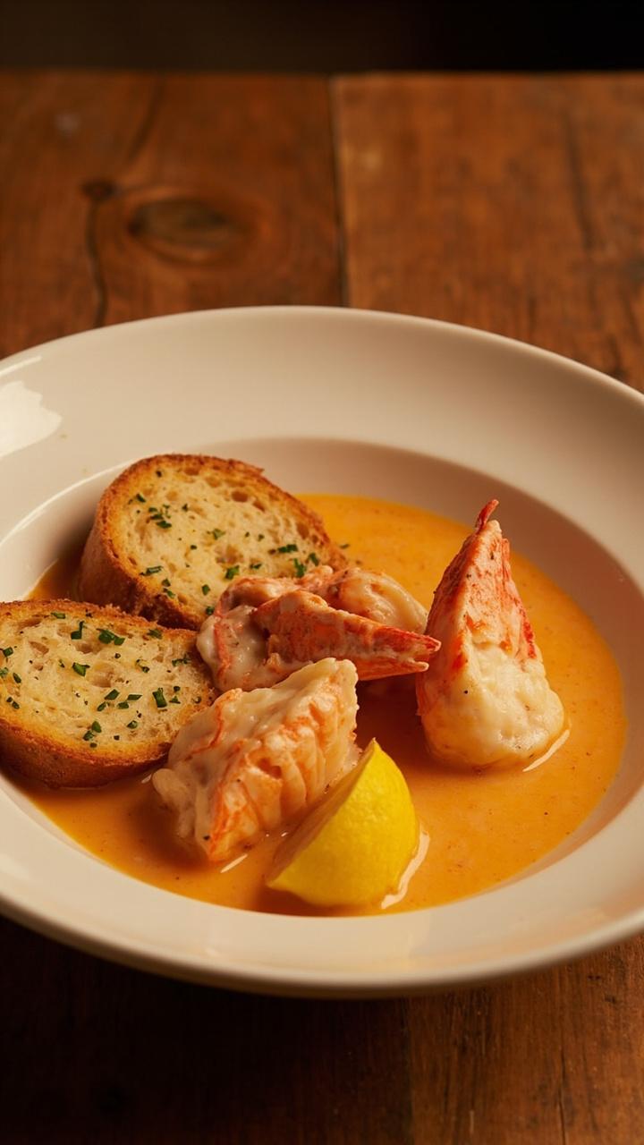 Chunks of lobster meat in a glossy pale orange cream sauce served in a shallow white bowl beside two golden toasted brioche slices garnished with chopped chives and a small lemon wedge on a wooden table