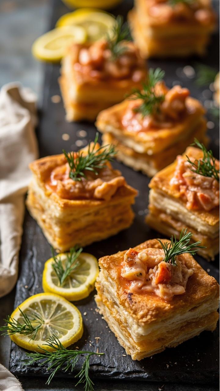 Individual golden puff pastry squares topped with creamy lobster Newburg filling each garnished with a sprig of dill on a slate board with a linen napkin and scattered lemon slices