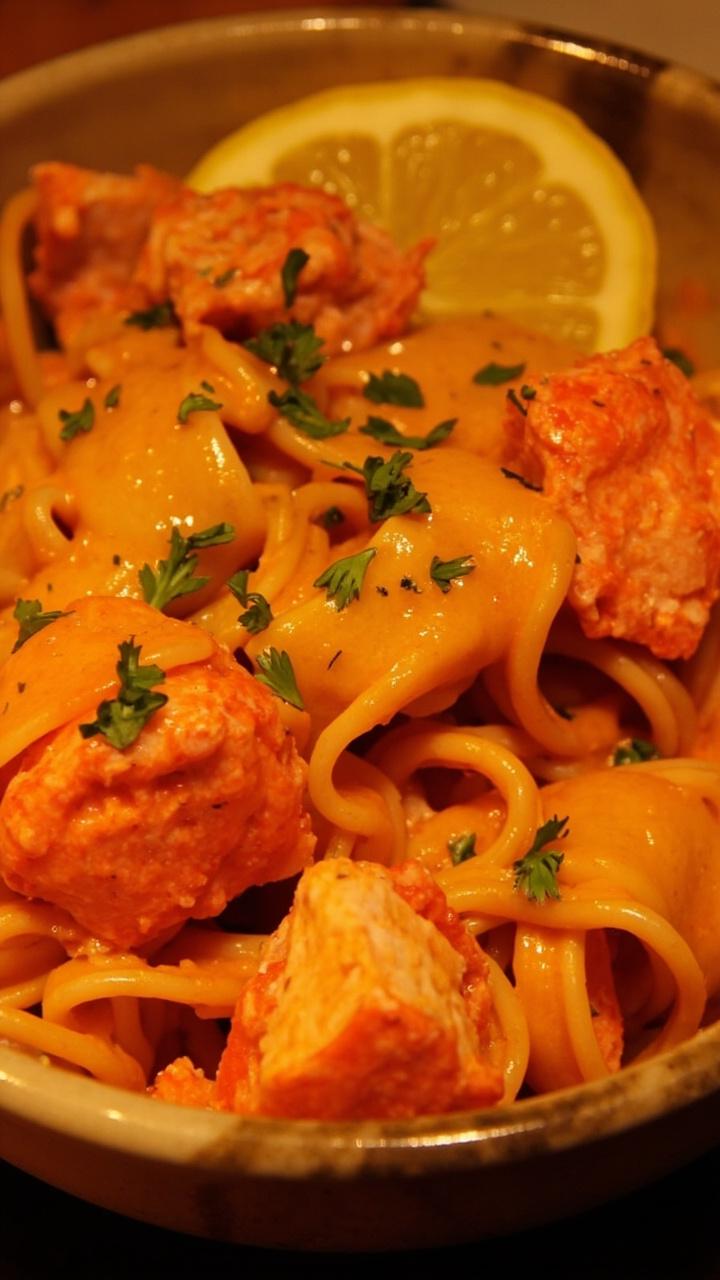 Fettuccine tossed in a creamy orange lobster sauce with visible chunks of lobster, served on a shallow ceramic bowl sprinkled with chopped parsley and a wedge of lemon on the side