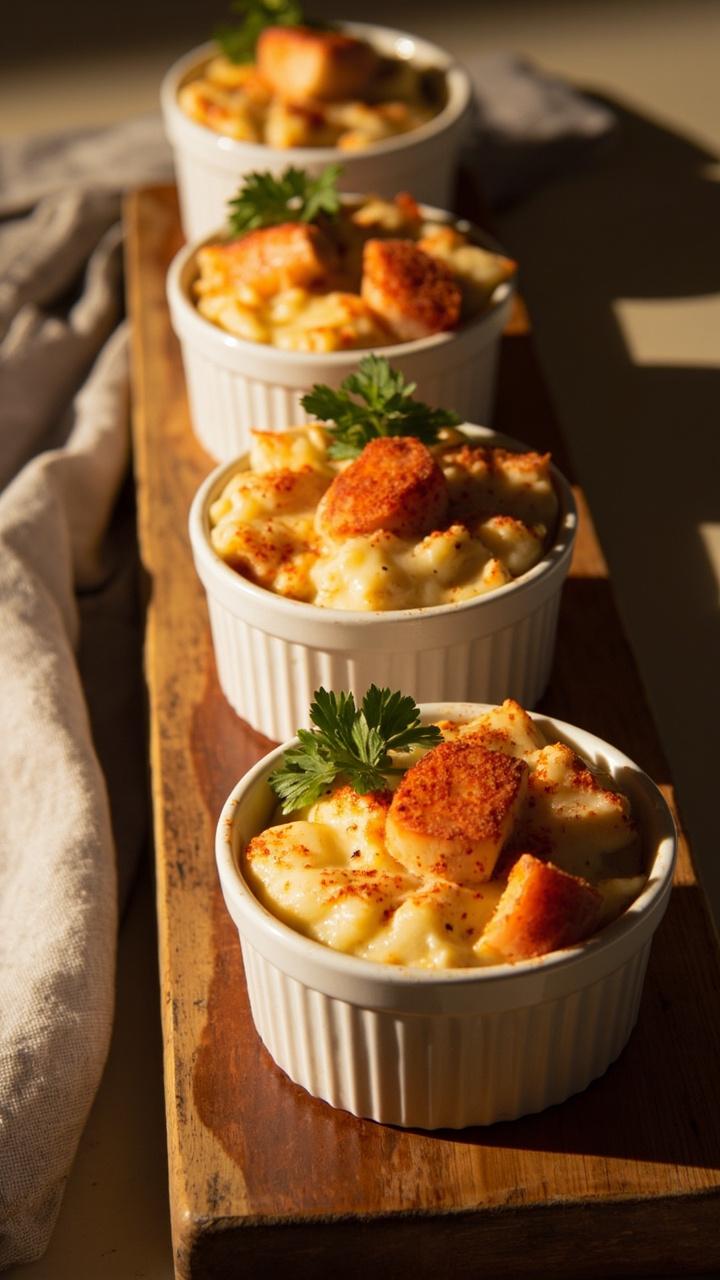 Four small white ramekins filled with creamy lobster Newburg topped with a dusting of paprika and a sprig of parsley served on a rectangular wooden board with a linen napkin