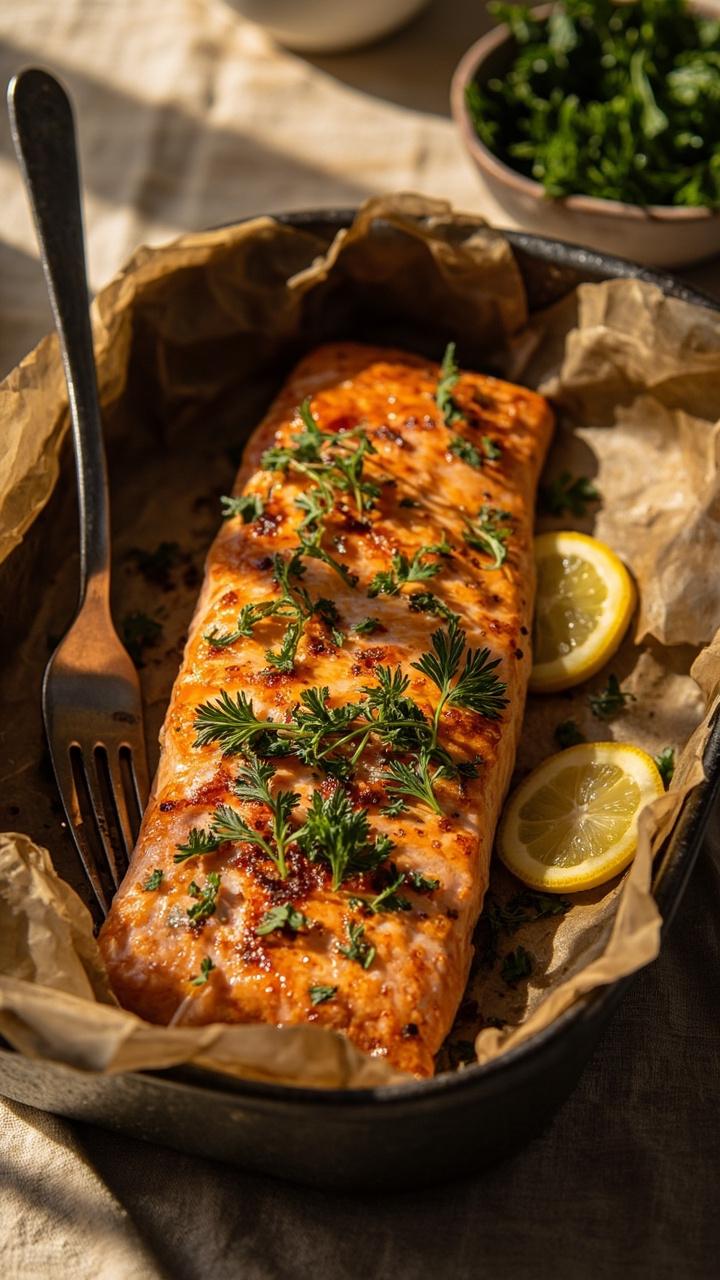 A baked salmon fillet with a golden top, scattered with chopped parsley and dill, slices of lemon nestled beside the fish on parchment in a rustic baking dish. Everything sits on a light linen with a serving fork ready and a small bowl of extra herbs on the side. A baked salmon fillet with a golden top, scattered with chopped parsley and dill, slices of lemon nestled beside the fish on parchment in a rustic baking dish. Everything sits on a light linen with a serving fork ready and a small bowl of extra herbs on the side.