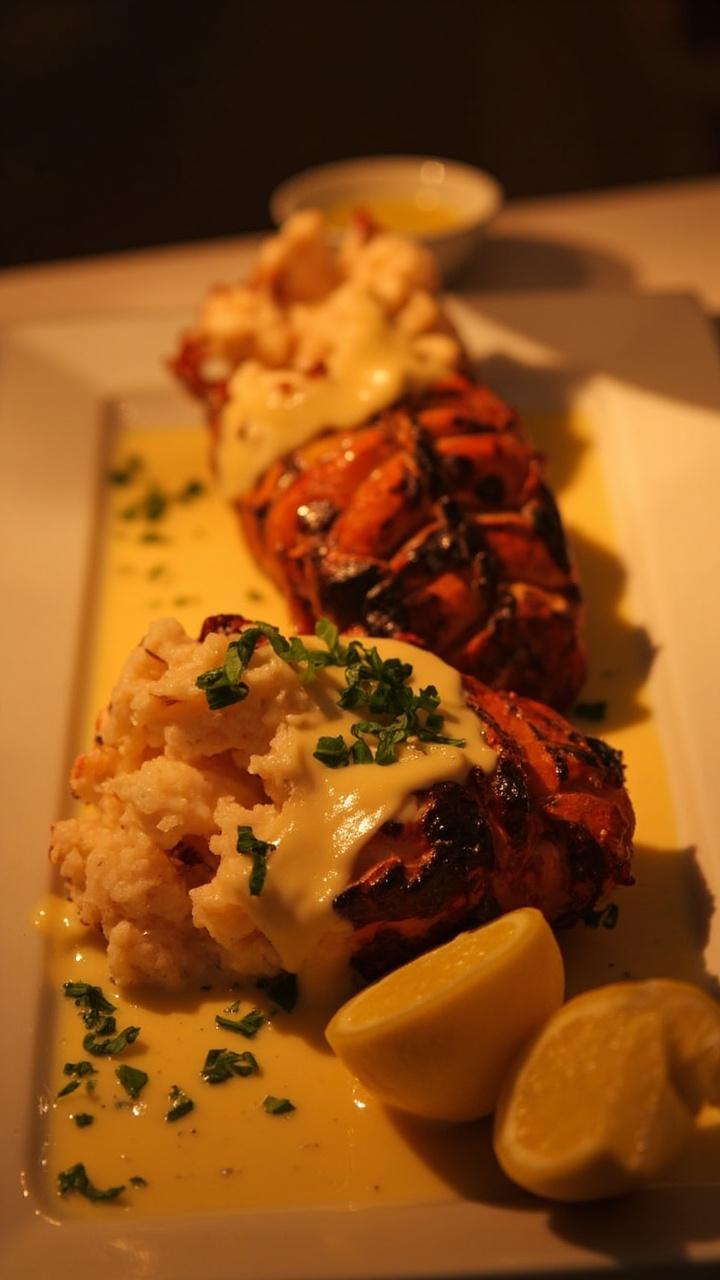 Two lobster halves with charred edges topped with creamy Newburg sauce and chopped parsley served on a long platter with lemon halves and a small dish of melted butter