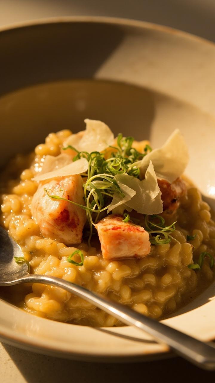 A shallow bowl of creamy risotto dotted with lobster chunks and a glossy Newburg sauce finished with a scattering of microgreens and shaved Parmesan and a spoon resting at the side