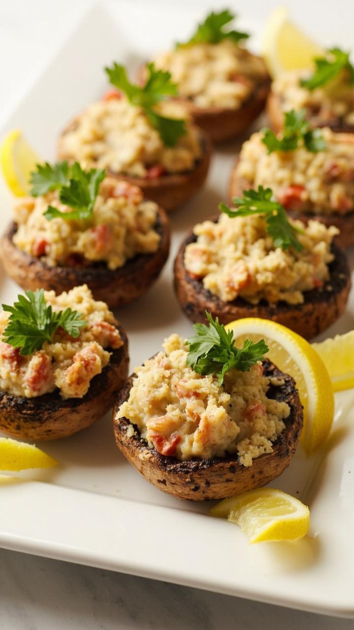 Large roasted mushroom caps filled with creamy lobster Newburg topped with toasted breadcrumbs and a small parsley leaf arranged on a serving platter with a few lemon wedges