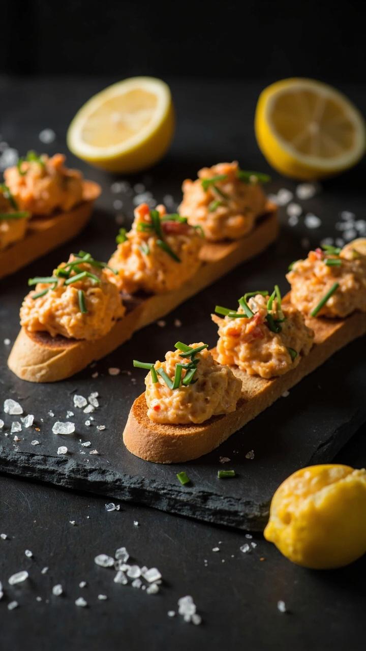 Toasted thin baguette slices topped with creamy lobster Newburg and a small sprinkle of chopped chives arranged on a slate board with a scattering of coarse sea salt and a lemon half