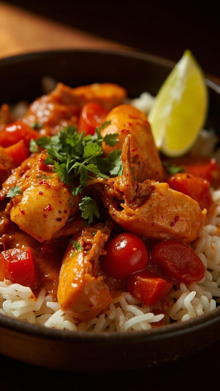 A bowl of lobster Newburg with visible diced tomatoes and flecks of red chili served over a bed of steamed rice with chopped cilantro and a lime wedge on the side
