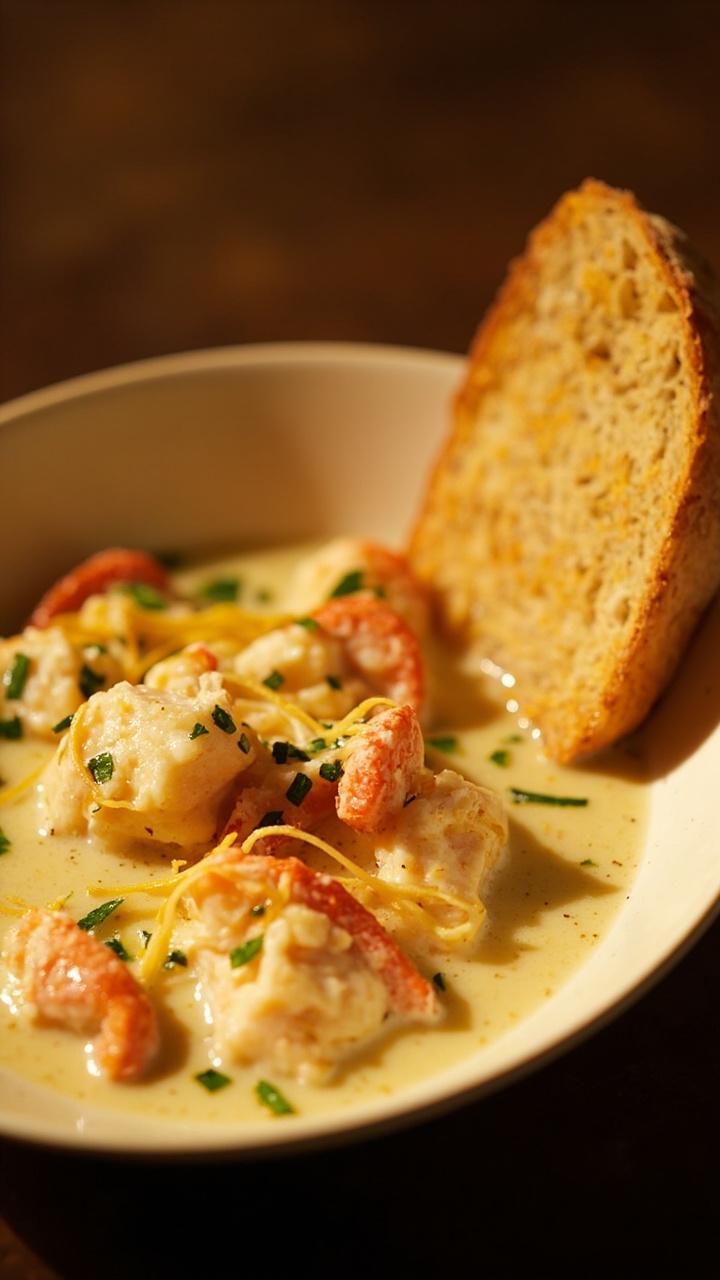 A shallow bowl of pale golden Newburg sauce with lobster pieces and saffron threads visible, garnished with finely chopped parsley and served with two slices of buttered country bread