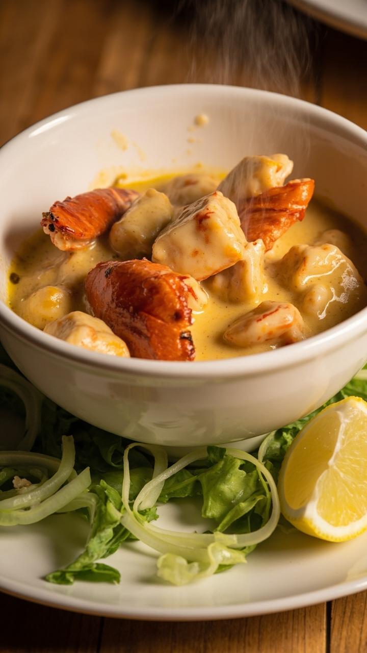 A chilled bowl of lobster Newburg with visible lobster chunks and creamy sauce served over mixed baby greens with thin cucumber ribbons and a lemon wedge on the side