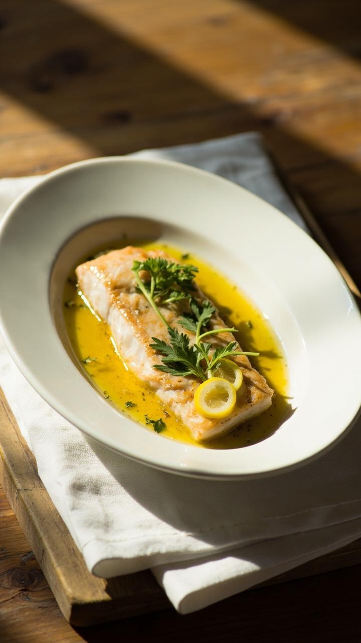 A single golden cod fillet on a white oval plate, thin lemon slices tucked under one edge, fresh parsley sprigs scattered on top, a small pool of garlicky oil beside the fish, and a linen napkin peeking underneath. The plate sits on a wooden board and morning light casts a soft glow.