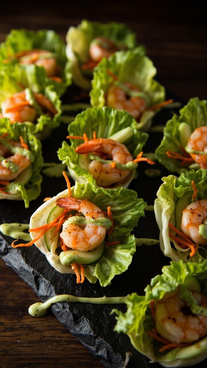 Romaine lettuce leaves cupped and filled with juicy spiced shrimp, shredded carrots, cucumber ribbons, and a drizzle of creamy avocado dressing on a slate serving board.