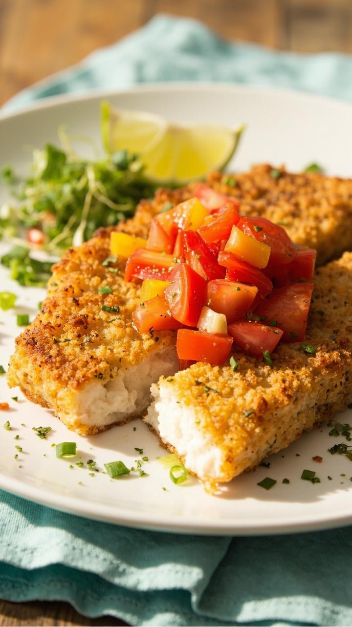 Golden breadcrumb-crusted cod fillets on a white plate, topped with diced red and yellow tomato salsa. A small wedge of lime and a sprinkle of green onion sit beside the fish, and there’s a light blue napkin underneath the plate. Golden breadcrumb-crusted cod fillets on a white plate, topped with diced red and yellow tomato salsa. A small wedge of lime and a sprinkle of green onion sit beside the fish, and there’s a light blue napkin underneath the plate.