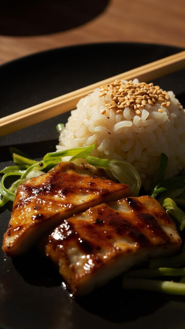 Two glossy glazed cod fillets on a dark ceramic plate, short grain rice molded into a neat mound, thinly sliced scallions scattered over the fish, and sesame seeds sprinkled on top. A pair of chopsticks rests diagonally on the plate edge.