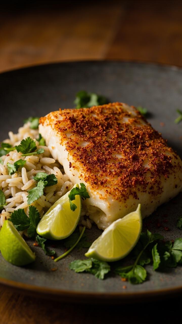 A wedge of cod dusted with reddish Cajun spices on a dark plate, a small heap of cilantro lime rice next to it, lime wedges and a scattering of chopped cilantro on top. The warm tones of the spice create a cozy contrast with the rice.