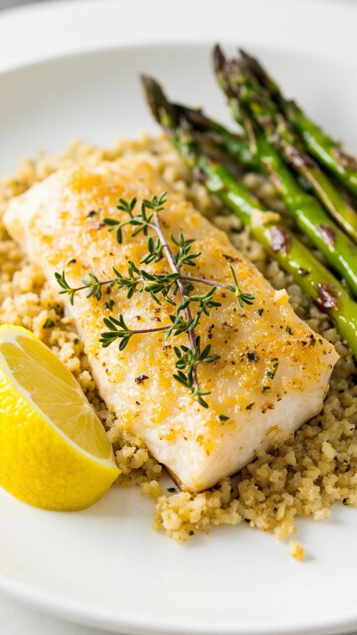 A single fillet with a golden Parmesan crust on a shallow white plate, a wedge of lemon, a sprig of thyme resting on the crust, and a small side of roasted asparagus in the background. The cheese crust has visible flecks of herbs.