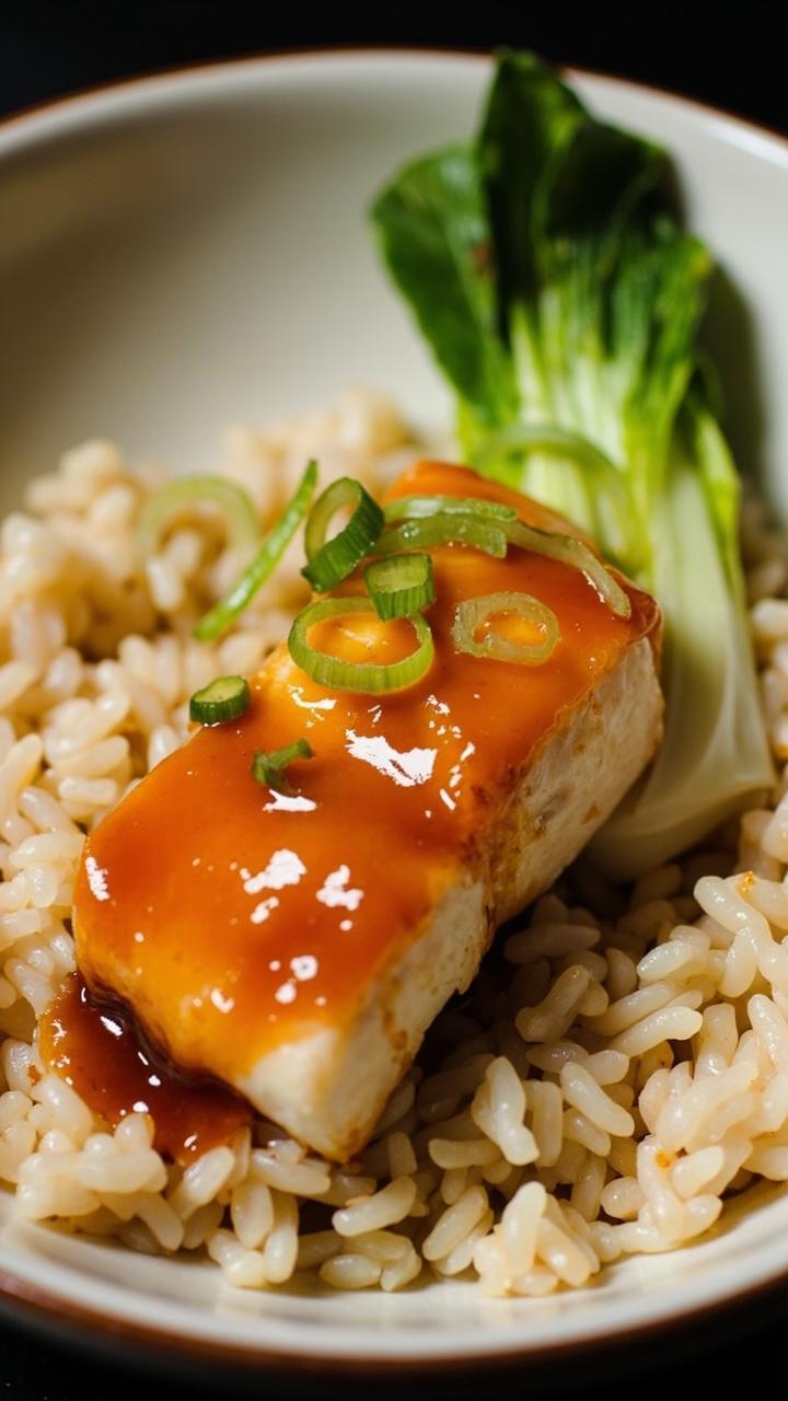 A glossy miso glazed cod fillet sitting on a shallow bowl of steamed rice, a few blanched baby bok choy leaves beside the fish, thinly sliced scallions sprinkled on top, and a light brush of glaze visible on the rice.