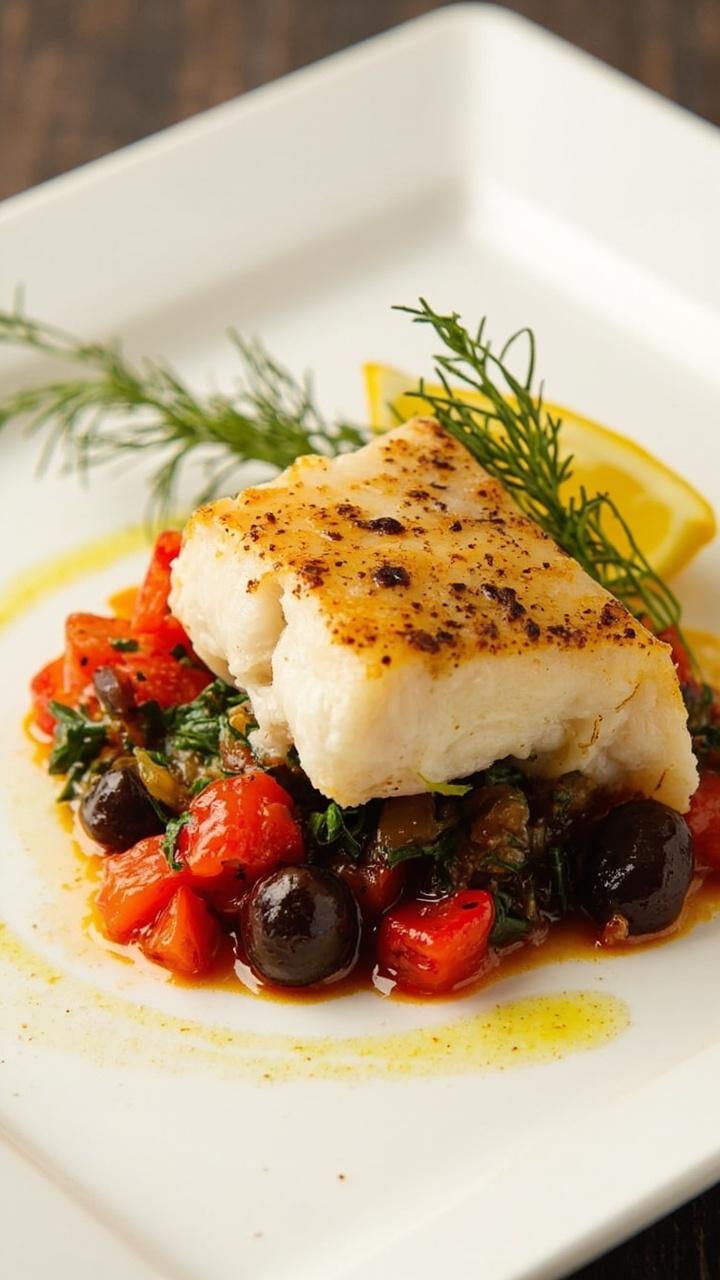 A cod fillet folded over a colorful stuffing of chopped tomatoes, Kalamata olives, and herbs, placed on a shallow white plate, a drizzle of olive oil around it, and a small wedge of lemon on the side. The stuffing shows vibrant red and black pieces.