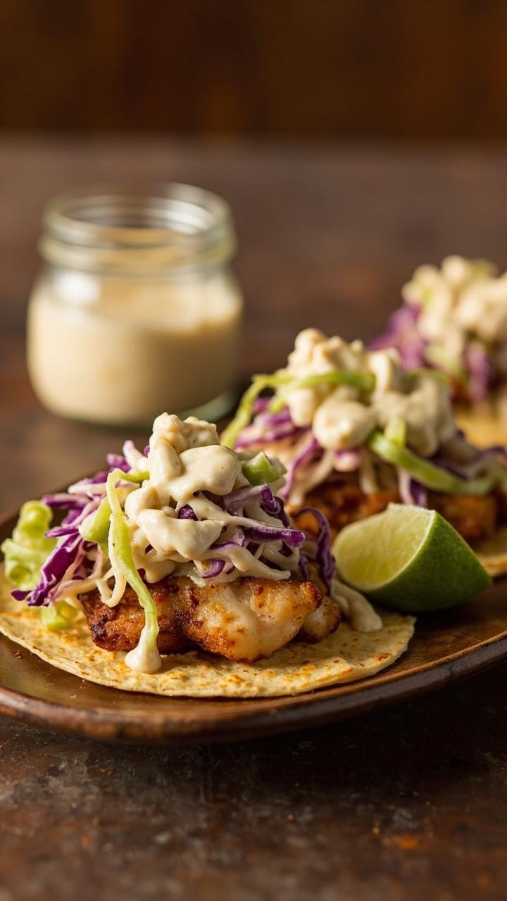 Three small soft corn tortillas each folded around a piece of flaky cod, topped with shredded cabbage slaw, a drizzle of creamy sauce, and a lime wedge on the side. A small jar of extra sauce sits in the background.