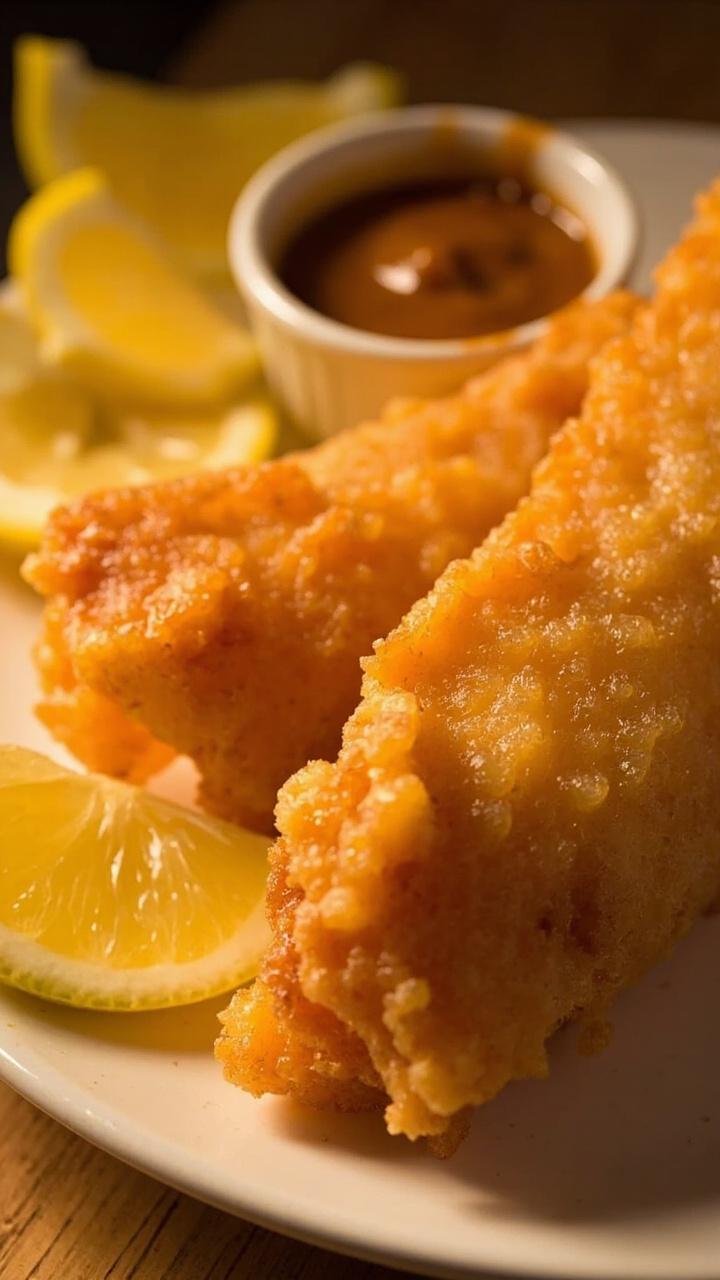 A thick, golden battered cod piece with an airy crust on a white plate, a small ramekin of malt vinegar or tartar sauce beside it, and a scattering of lemon wedges. The crust looks airy and crisp.