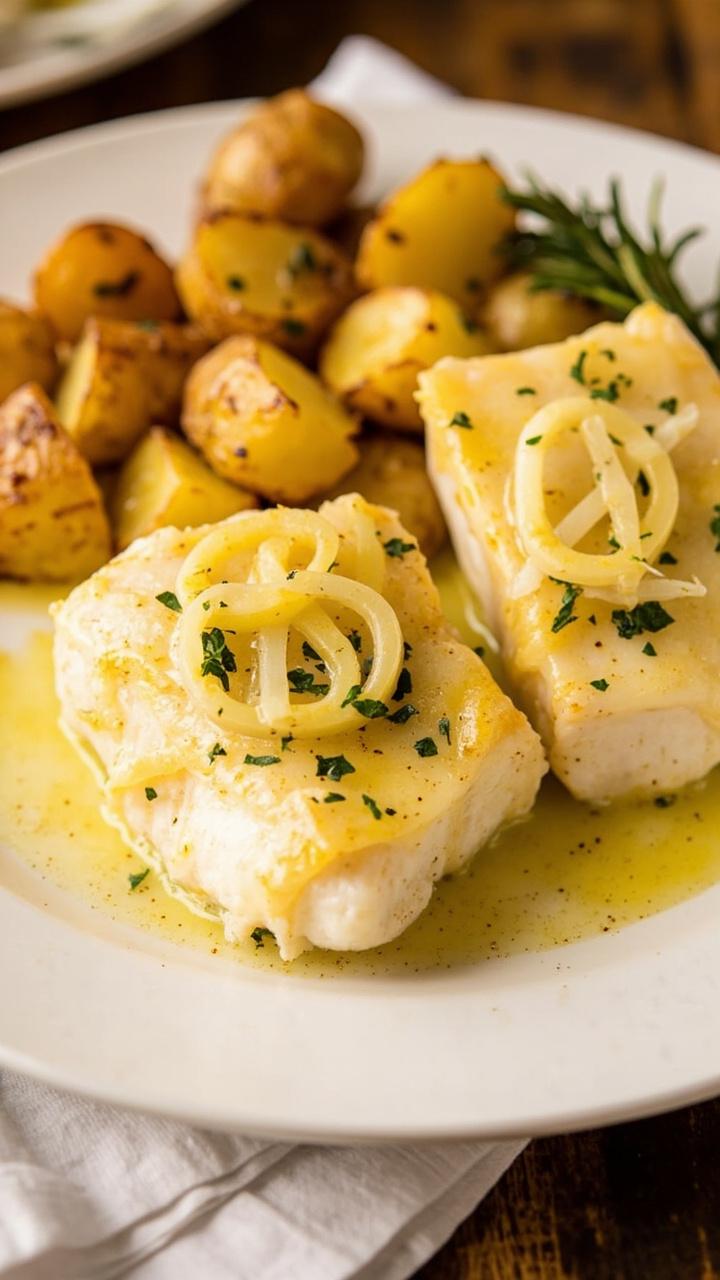 Two cod fillets glazed with melted garlic butter on a white plate, a few thin garlic slices and a sprinkle of chopped parsley on top, with a side of roasted baby potatoes and a cloth napkin under the plate.