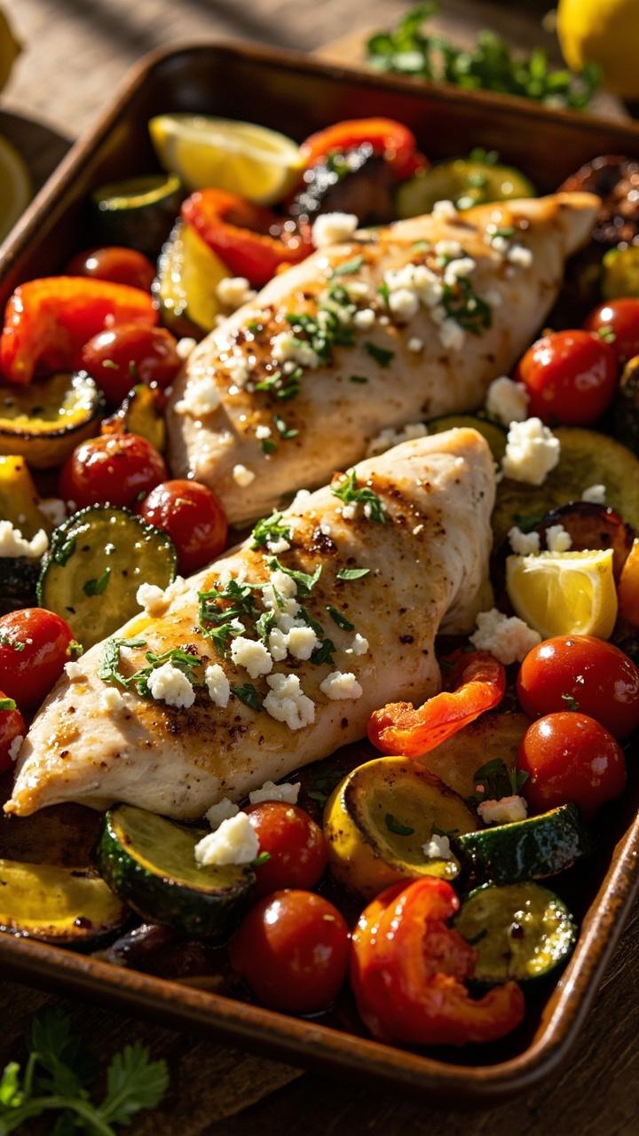 Colorful roasted peppers, zucchini, and cherry tomatoes nestled with fillets of tilapia on a baking tray, everything glistening with olive oil and sprinkled with crumbled feta and chopped parsley. The pan sits on a wooden board with lemon wedges. Colorful roasted peppers, zucchini, and cherry tomatoes nestled with fillets of tilapia on a baking tray, everything glistening with olive oil and sprinkled with crumbled feta and chopped parsley. The pan sits on a wooden board with lemon wedges.