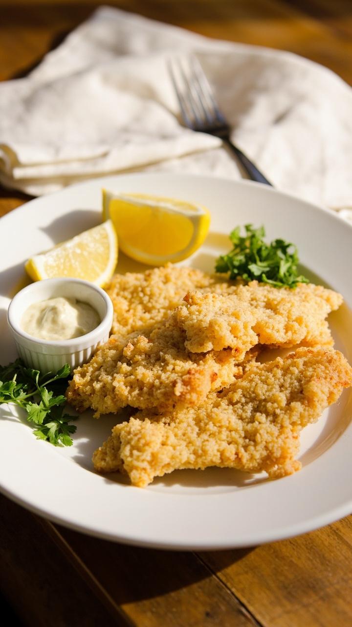Golden cornmeal crusted catfish fillets on a white oval plate next to a small ramekin of tartar sauce lemon wedges chopped parsley and a folded linen napkin on a wooden table