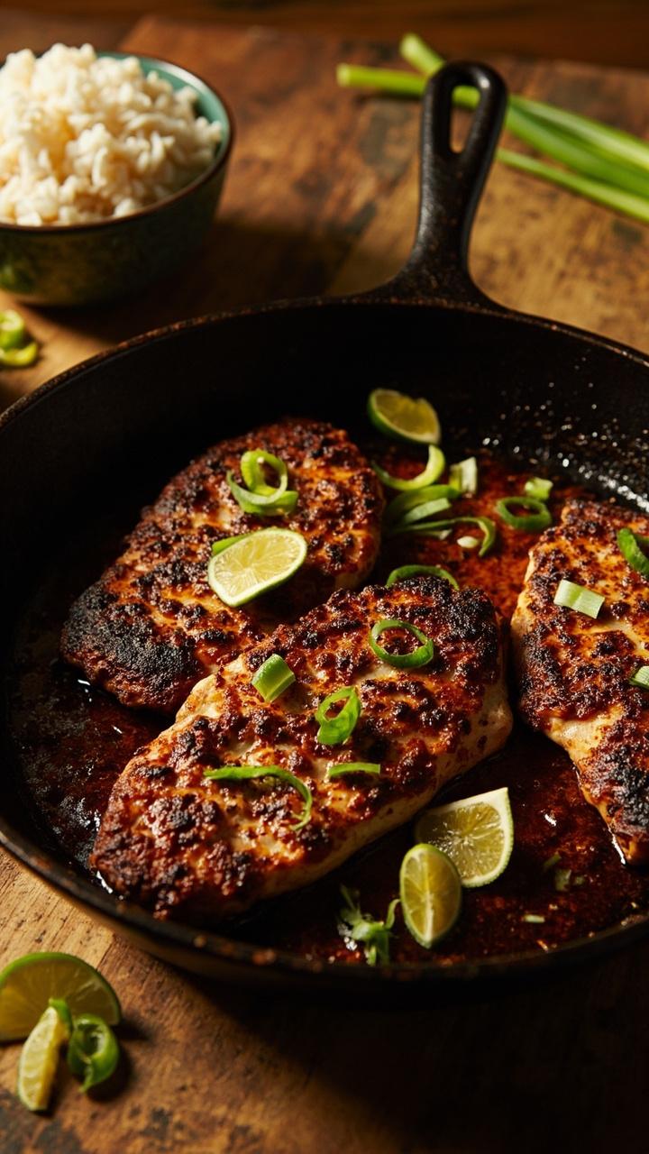 Dark seared catfish fillets with a spice crust on a cast iron skillet slices of lime a scattering of chopped scallions and a small bowl of rice beside the skillet on a wooden board