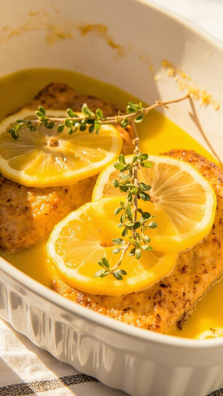 Light golden baked catfish fillets in a shallow white baking dish brushed with glossy lemon butter sauce dotted with thin lemon slices and a sprig of thyme on a simple kitchen towel