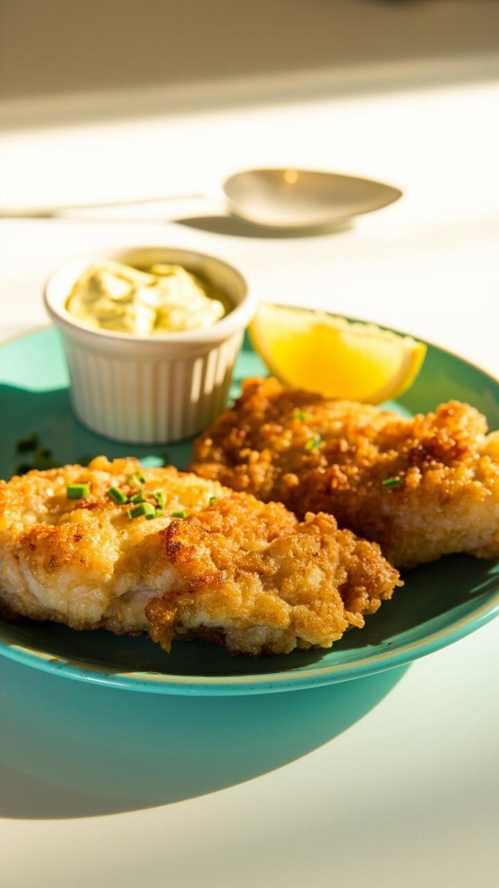Two golden crisp air fried catfish fillets on a small turquoise plate with a wedge of lemon a tiny ramekin of remoulade and a sprinkling of chopped chives on a bright kitchen counter