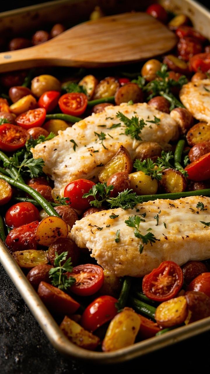 Baked catfish fillets nestled among roasted cherry tomatoes baby potatoes and green beans on a large rimmed baking sheet sprinkled with fresh parsley and a wooden spatula at the edge