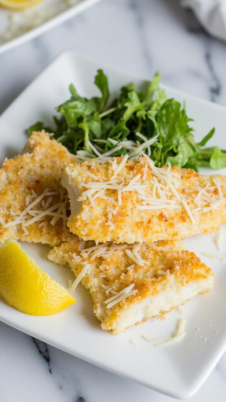 Lightly golden Parmesan crusted catfish fillets on a square white plate with a lemon wedge a small pile of arugula and grated Parmesan sprinkled on top on a marble counter