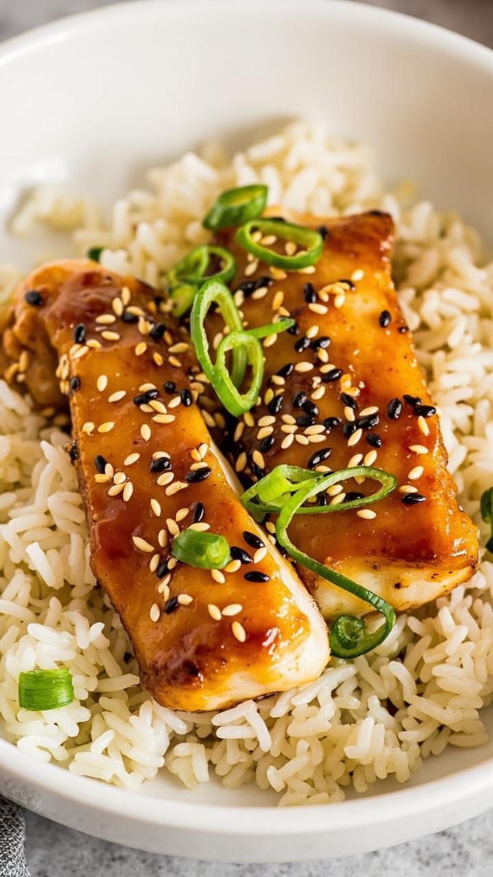 Glazed catfish fillets with a shiny honey garlic coating on a bed of jasmine rice garnished with sesame seeds and sliced green onions in a shallow white bowl