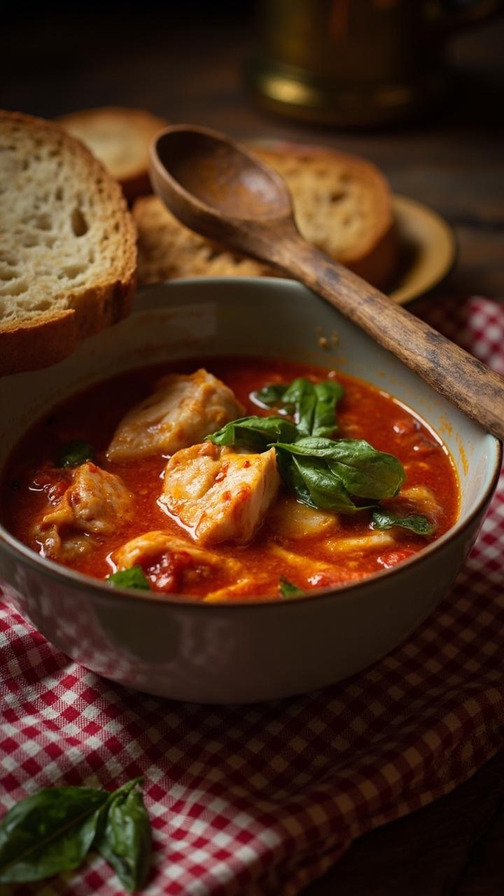 Chunks of catfish in a warm tomato broth with torn basil leaves a slice of crusty bread leaning in the bowl and a wooden spoon resting on the rim on a cozy tablecloth