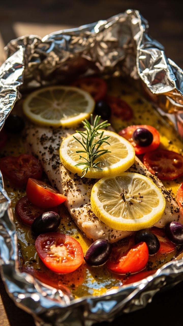 Open foil packet revealing a catfish fillet on a bed of sliced cherry tomatoes kalamata olives and lemon slices sprinkled with oregano and a sprig of rosemary on a sheet tray