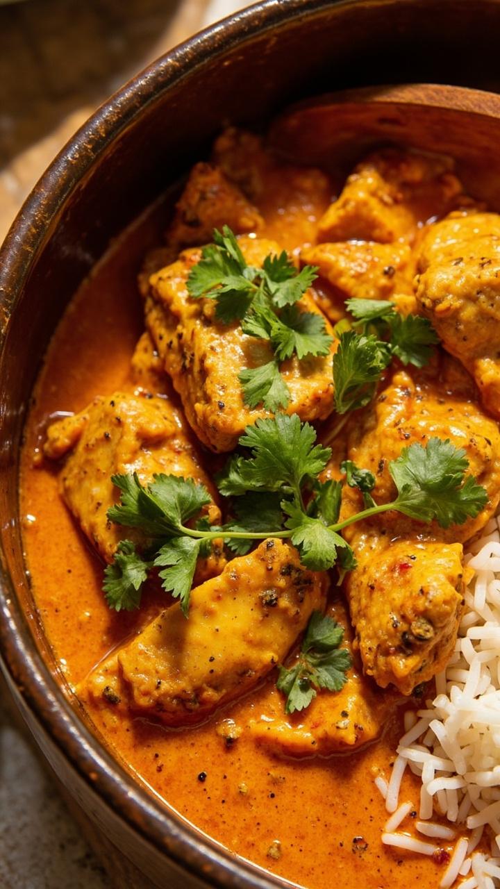 Chunks of catfish in a rich orange tomato curry sauce garnished with cilantro served in a deep bowl with steamed basmati rice on the side and a wooden spoon resting in the bowl