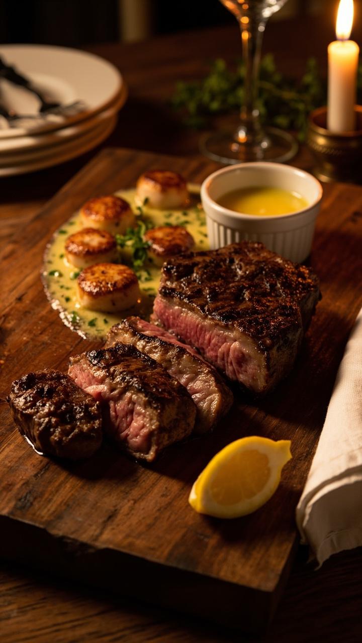 A medium seared ribeye sliced on a wooden board next to six golden scallops sitting on a small puddle of melted garlic butter with chopped parsley sprinkled, a lemon wedge on the board, a small ramekin of extra butter, linen napkin and warm candlelight.