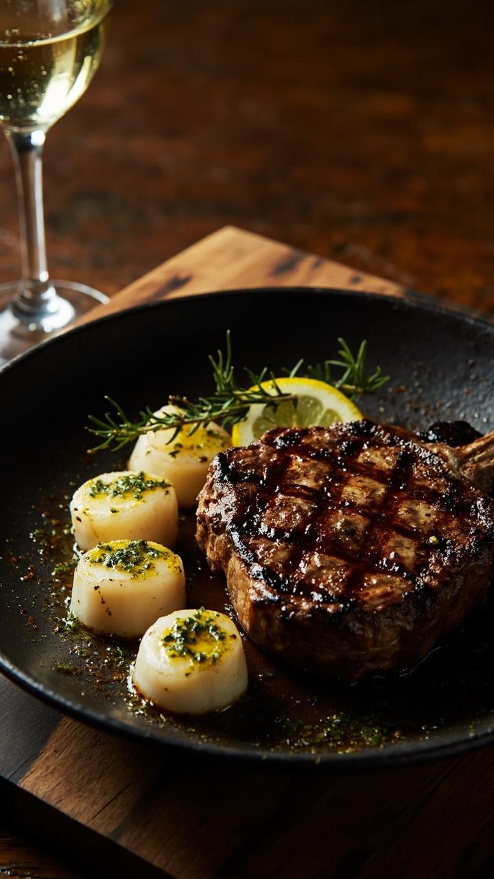 Thick grilled ribeye on a dark grill-marked plate next to three scallops glazed with a light lemon green herb oil, lemon slices and a sprig of thyme, wooden cutting board and a cold glass of white wine.
