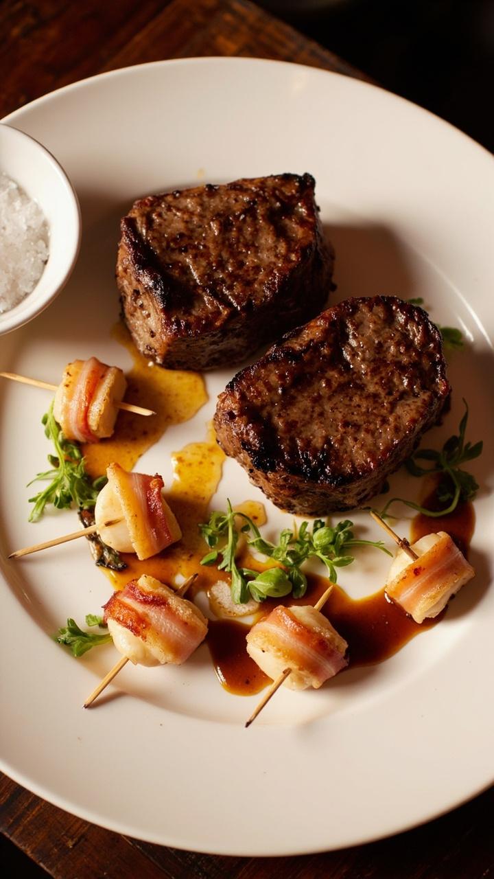 Two medium rare filet mignon medallions on a white plate next to six scallops each wrapped in crisp bacon skewered with small picks, a drizzle of reduced pan sauce, microgreens, and a small dish of coarse salt.