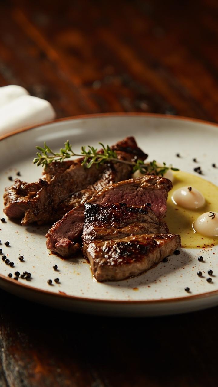 Thick peppercorn crusted steak slices arranged beside three scallops sitting in a small pool of pale mustard cream sauce, crushed peppercorns on the steak edge, a sprig of thyme, dark wood table, and linen napkin.