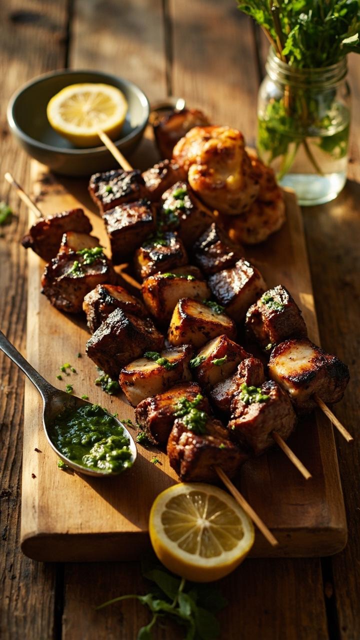 Grilled wooden skewers with alternating steak cubes and scallops resting on a long platter, bright green chimichurri spooned on the side, lemon halves charred, rustic table and mason jar of water with herbs.