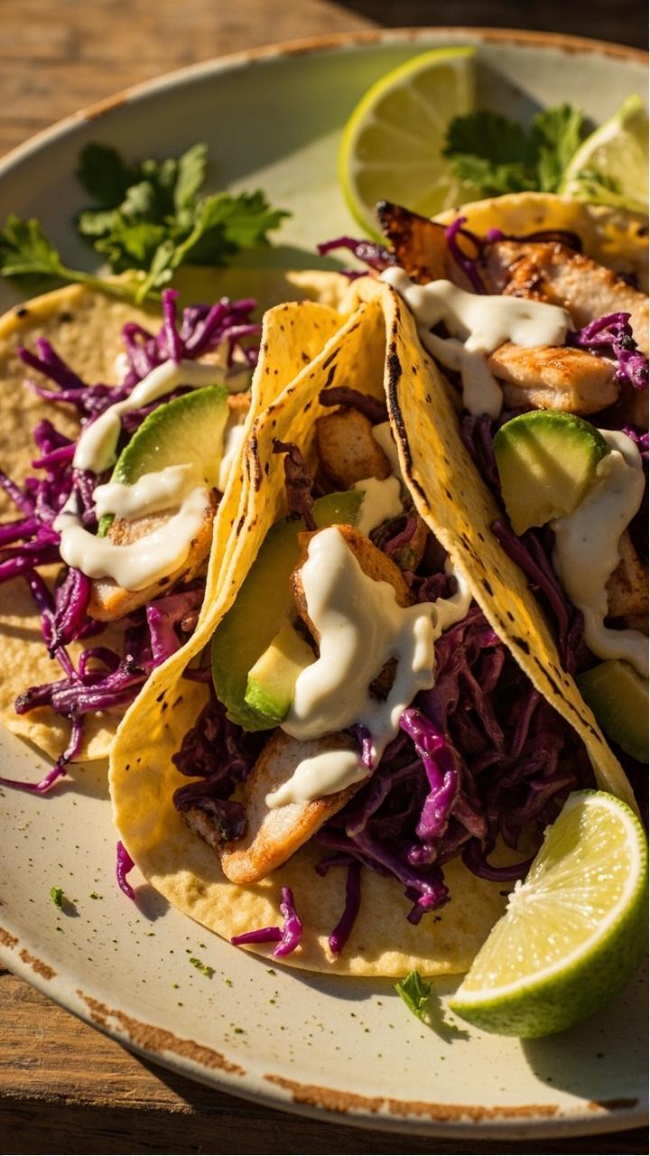 Three corn tortillas, each filled with grilled fish strips, bright purple cabbage slaw, avocado slices, and a drizzle of creamy sauce. A wedge of lime and scattered cilantro leaves add color on a round plate. Three corn tortillas, each filled with grilled fish strips, bright purple cabbage slaw, avocado slices, and a drizzle of creamy sauce. A wedge of lime and scattered cilantro leaves add color on a round plate.