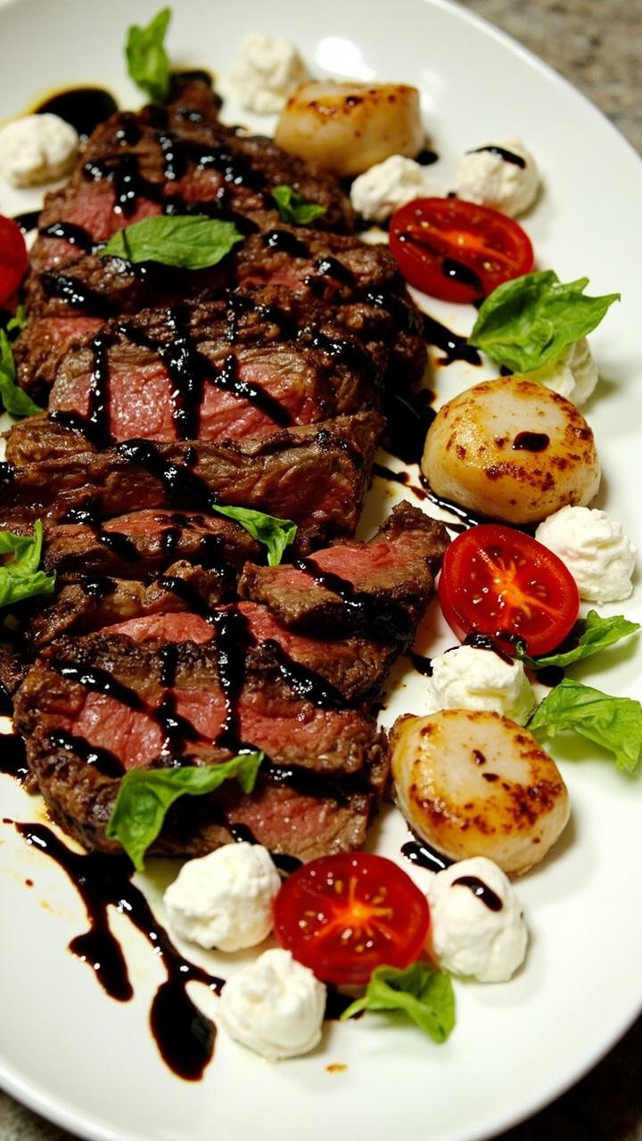 Sliced balsamic glazed steak fanned on a plate next to three scallops perched on halved cherry tomatoes and small mozzarella rounds, drizzled with balsamic reduction and torn basil leaves.