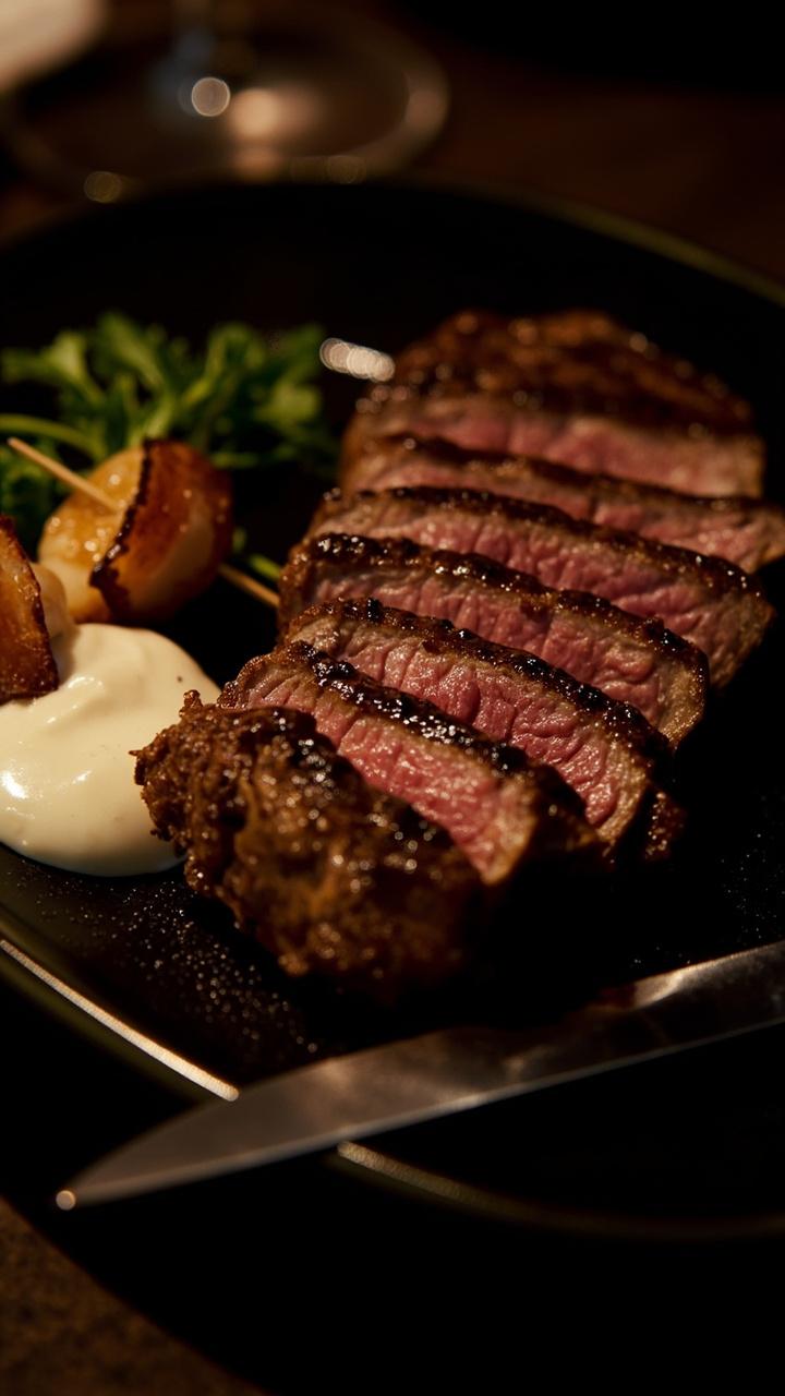 A thick NY strip steak sliced on a dark plate with three bacon wrapped scallop bites skewered, a dollop of horseradish cream, sprigs of parsley and steak knife resting on the side.